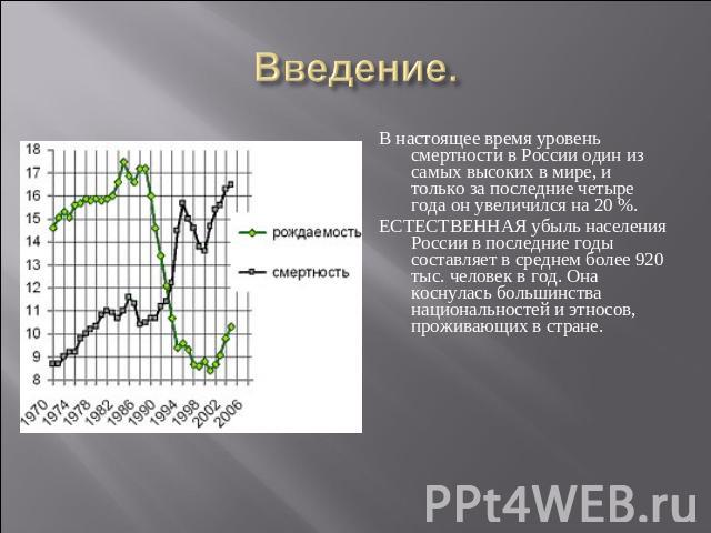 Введение. В настоящее время уровень смертности в России один из самых высоких в мире, и только за последние четыре года он увеличился на 20 %. ЕСТЕСТВЕННАЯ убыль населения России в последние годы составляет в среднем более 920 тыс. человек в год. Он…