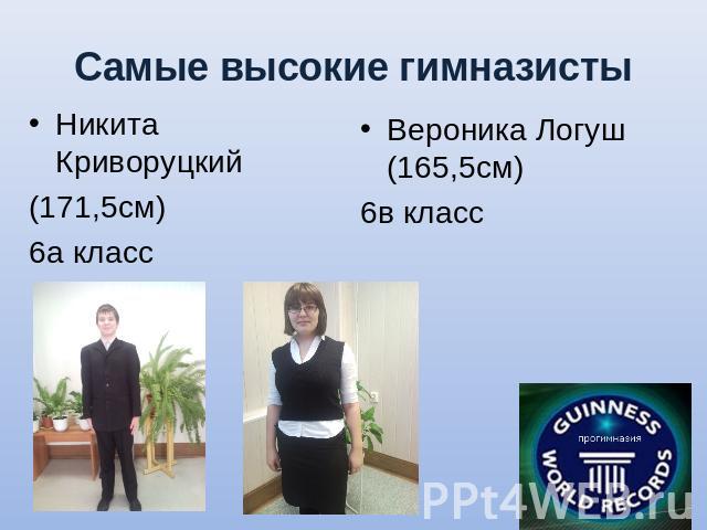 Самые высокие гимназисты Никита Криворуцкий (171,5см) 6а класс Вероника Логуш (165,5см)6в класс