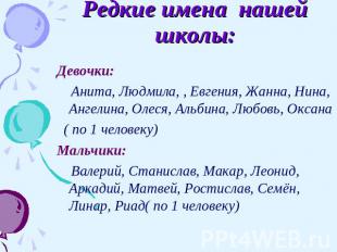 Редкие имена нашей школы: Девочки: Анита, Людмила, , Евгения, Жанна, Нина, Ангел