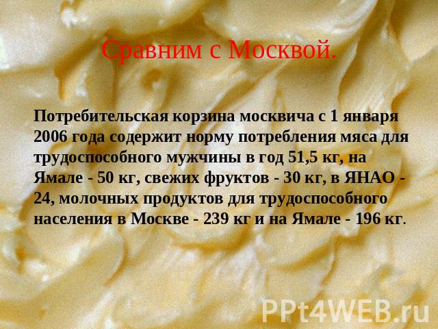 Потребительская корзина москвича с 1 января 2006 года содержит норму потребления мяса для трудоспособного мужчины в год 51,5 кг, на Ямале - 50 кг, свежих фруктов - 30 кг, в ЯНАО - 24, молочных продуктов для трудоспособного населения в Москве - 239 к…