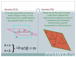 Аксиома 2(С2):Если две различные плоскости имеют общую точку, то они пересекаютс