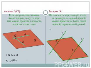 Аксиома 3(С3): Если две различные прямые имеют общую точку, то через них можно п