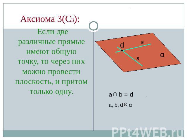 Аксиома 3(С3): Если две различные прямые имеют общую точку, то через них можно провести плоскость, и притом только одну.