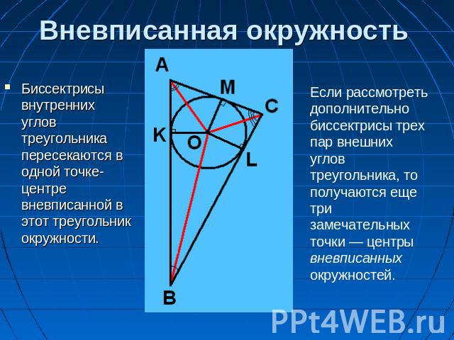 Вневписанная окружность Биссектрисы внутренних углов треугольника пересекаются в одной точке- центре вневписанной в этот треугольник окружности. Если рассмотреть дополнительно биссектрисы трех пар внешних углов треугольника, то получаются еще три за…