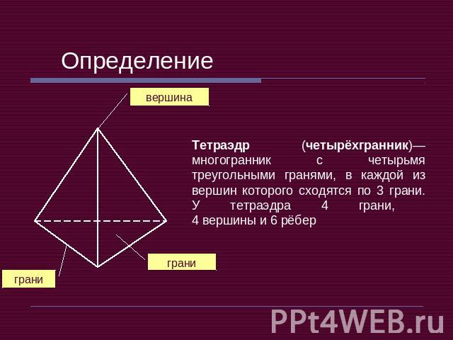 Определение вершина грани грани Тетраэдр (четырёхгранник)—многогранник с четырьмя треугольными гранями, в каждой из вершин которого сходятся по 3 грани. У тетраэдра 4 грани, 4 вершины и 6 рёбер