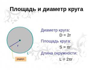 Площадь и диаметр круга Диаметр круга:D = 2rПлощадь круга: S = r2 Длина окружнос