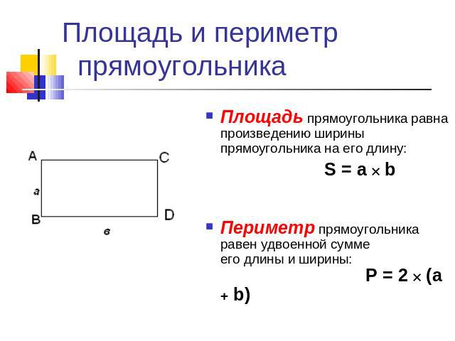 Площадь и периметр прямоугольника Площадь прямоугольника равна произведению ширины прямоугольника на его длину: S = a bПериметр прямоугольника равен удвоенной сумме его длины и ширины: Р = 2 (a + b)