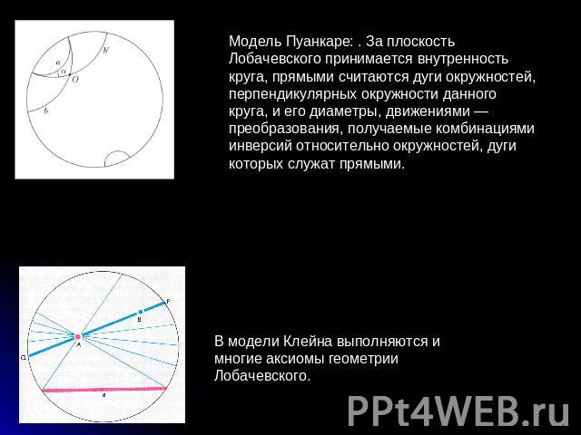 Модель Пуанкаре: . За плоскость Лобачевского принимается внутренность круга, прямыми считаются дуги окружностей, перпендикулярных окружности данного круга, и его диаметры, движениями — преобразования, получаемые комбинациями инверсий относительно ок…