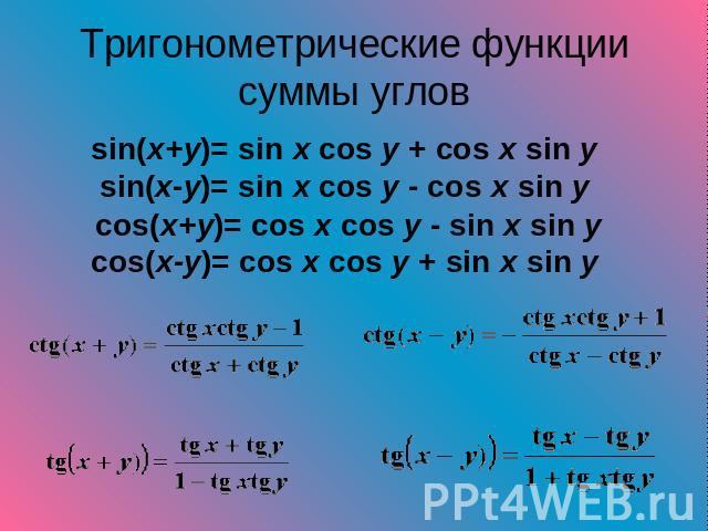Тригонометрические функции суммы углов sin(x+y)= sin x cos y + cos x sin y sin(x-y)= sin x cos y - cos x sin y cos(x+y)= cos x cos y - sin x sin ycos(x-y)= cos x cos y + sin x sin y