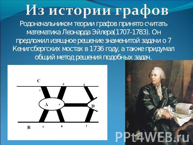 Из истории графов Родоначальником теории графов принято считать математика Леонарда Эйлера(1707-1783). Он предложил изящное решение знаменитой задачи о 7 Кенигсбергских мостах в 1736 году, а также придумал общий метод решения подобных задач.