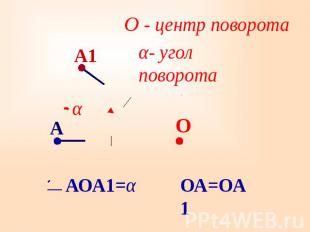 О - центр поворота α- угол поворота АОА1=αОА=ОА1