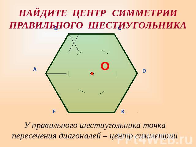 НАЙДИТЕ ЦЕНТР СИММЕТРИИПРАВИЛЬНОГО ШЕСТИУГОЛЬНИКА У правильного шестиугольника точка пересечения диагоналей – центр симметрии