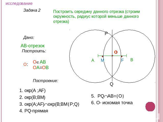 Построить середину данного отрезка (строим окружность, радиус которой меньше данного отрезка) АВ-отрезок Построить: ОАВОА=ОВ 1. окр(А ;АF) 2. окр(В;ВM) 3. окр(А;АF)окр(В;ВMP;Q 4. PQ-прямая 5. PQAB=O 6. O- искомая точка