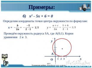 Примеры: б) x2 - 5x + 6 = 0 Определим координаты точки центра окружности по форм