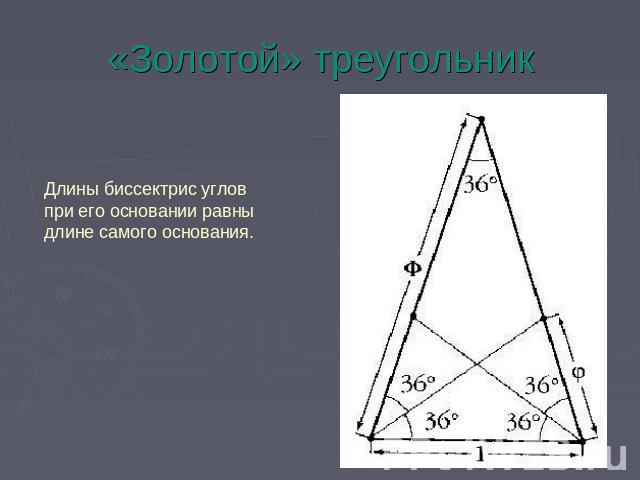 «Золотой» треугольник Длины биссектрис углов при его основании равны длине самого основания.