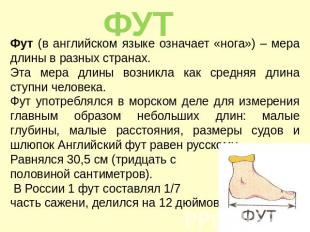 Фут (в английском языке означает «нога») – мера длины в разных странах.Эта мера