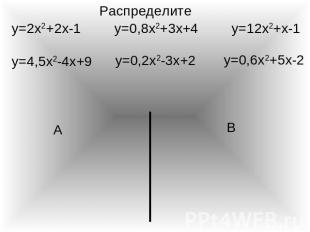 Распределите y=2x2+2x-1 y=4,5x2-4x+9 y=0,8x2+3x+4 y=0,2x2-3x+2 y=12x2+x-1 y=0,6x