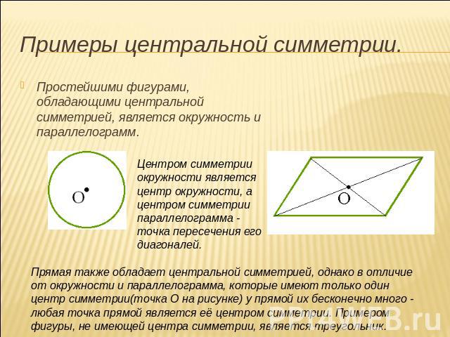 Примеры центральной симметрии. Простейшими фигурами, обладающими центральной симметрией, является окружность и параллелограмм. Центром симметрии окружности является центр окружности, а центром симметрии параллелограмма - точка пересечения его диагон…