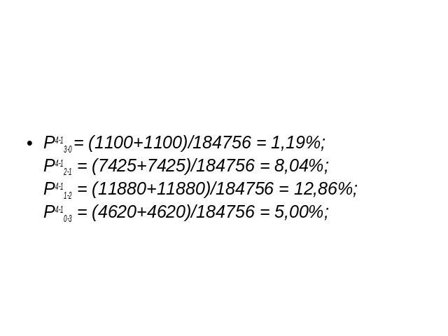P4-13-0 = (1100+1100)/184756 = 1,19%;P4-12-1 = (7425+7425)/184756 = 8,04%;P4-11-2 = (11880+11880)/184756 = 12,86%;P4-10-3 = (4620+4620)/184756 = 5,00%;