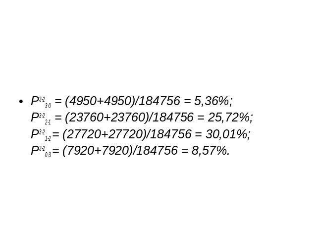 P3-23-0 = (4950+4950)/184756 = 5,36%;P3-22-1 = (23760+23760)/184756 = 25,72%;P3-21-2 = (27720+27720)/184756 = 30,01%;P3-20-3 = (7920+7920)/184756 = 8,57%.