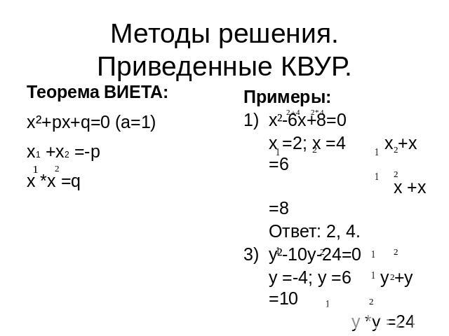 Методы решения.Приведенные КВУР. Теорема ВИЕТА:x²+px+q=0 (a=1)x1 +x2 =-px *x =q Примеры:x²-6x+8=0x =2; x =4 x +x =6 x +x =8Ответ: 2, 4.y²-10y-24=0y =-4; y =6 y +y =10 y *y =24Ответ: y =-4; y =6.