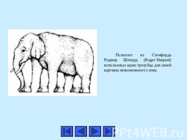Психолог из Стенфорда Роджер Шепард (Roger Shepard) использовал идею трезубца для своей картины невозможного слона.
