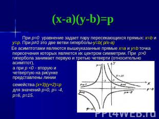 (x-a)(y-b)=p При p=0 уравнение задает пару пересекающихся прямых: x=b и y=p. При