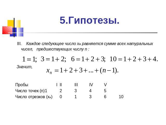 5.Гипотезы. III. Каждое следующее число хn равняется сумме всех натуральных чисел, предшествующих числу n : Значит, Пробы IIIIIIIVVЧисло точек (n)12345Число отрезков (хn)013610