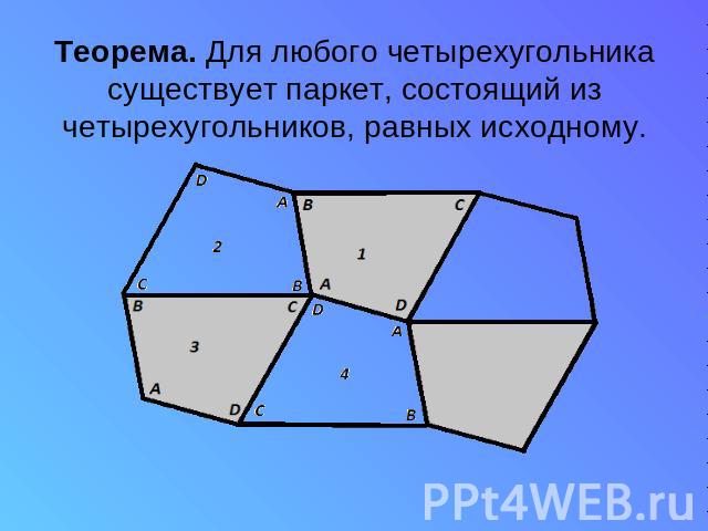 Теорема. Для любого четырехугольника существует паркет, состоящий из четырехугольников, равных исходному.