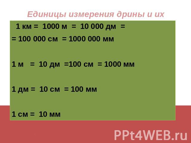 1 км =  1000 м  = 10 000 дм  = = 100 000 см  = 1000 000 мм 1 м   =  10 дм  =100 см = 1000 мм    1 дм =  10 см  = 100 мм      1 см =  10 мм  