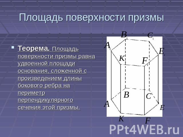 Теорема. Площадь поверхности призмы равна удвоенной площади основания, сложенной с произведением длины бокового ребра на периметр перпендикулярного сечения этой призмы.