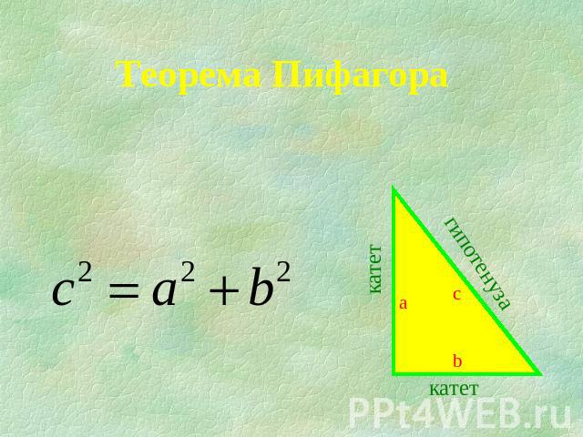 Теорема ПифагораВ прямоугольном треугольнике квадрат гипотенузы равен сумме квадратов катетов.