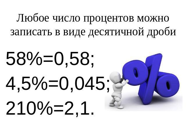 Любое число процентов можно записать в виде десятичной дроби58%=0,58;4,5%=0,045;210%=2,1.