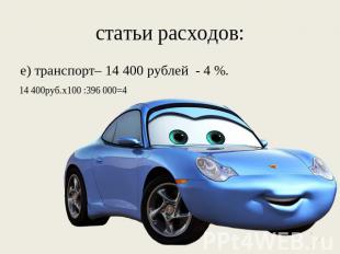 статьи расходов: е) транспорт– 14 400 рублей - 4 %. 14 400руб.х100 :396 000=4
