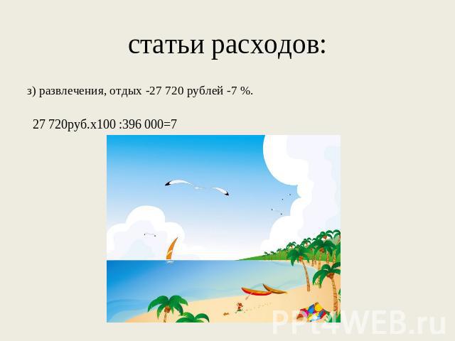 статьи расходов: з) развлечения, отдых -27 720 рублей -7 %. 27 720руб.х100 :396 000=7