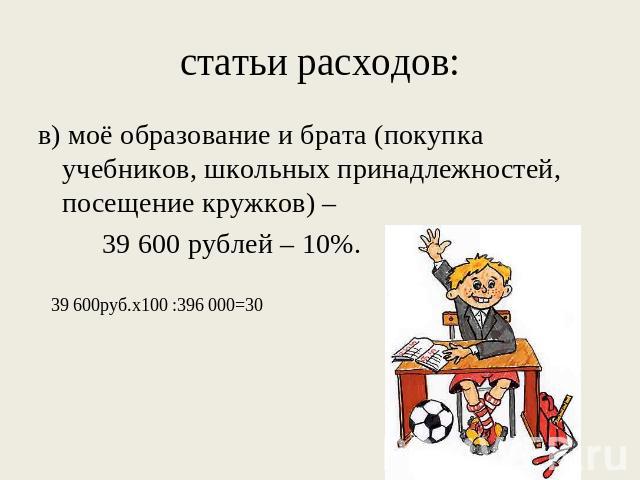 статьи расходов: в) моё образование и брата (покупка учебников, школьных принадлежностей, посещение кружков) – 39 600 рублей – 10%.