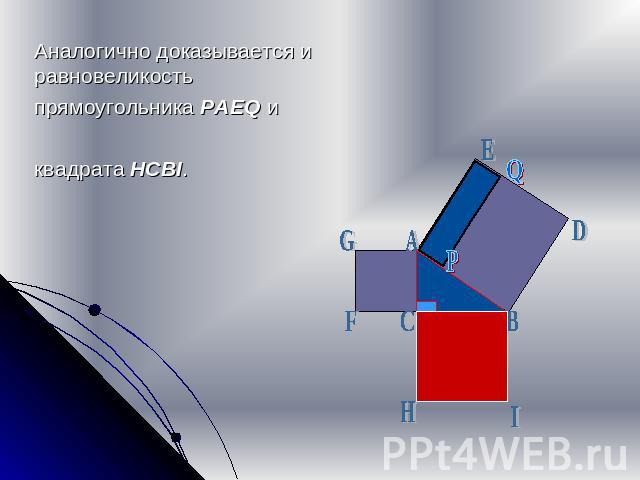 Аналогично доказывается и равновеликость прямоугольника PAEQ и квадрата HCBI.