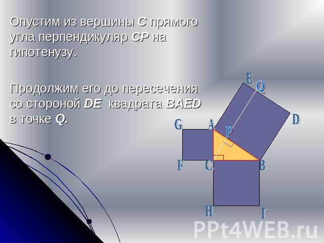 Опустим из вершины С прямого угла перпендикуляр CP на гипотенузу. Продолжим его до пересечения со стороной DE квадрата BAED в точке Q.