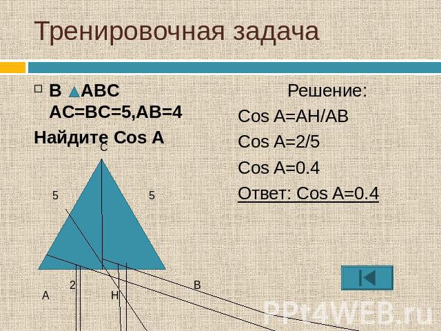 Тренировочная задача В ABC AC=BC=5,AB=4Найдите Cos A Решение:Cos A=AH/ABCos A=2/5Cos A=0.4Ответ: Cos A=0.4
