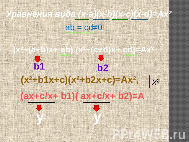 Уравнения вида (х-а)(х-b)(х-с)(х-d)=Ах² аb = сd≠0 (х²−(а+b)х+ аb) (х²−(с+d)х+ сd)=Ах² (х²+b1х+с)(х²+b2х+с)=Ax², (ах+с/х+ b1)( ах+с/х+ b2)=А