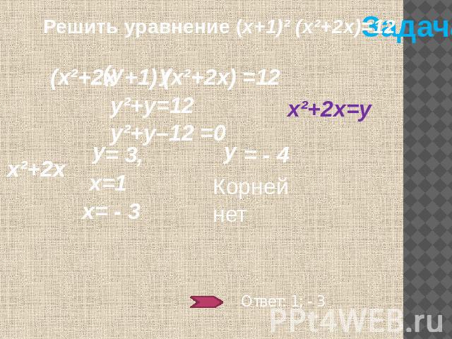 Решить уравнение (х+1)² (х²+2х)=12 (х²+2х (х²+2х) у²+у=12у²+у–12 =0 х²+2х Корней нет х=1