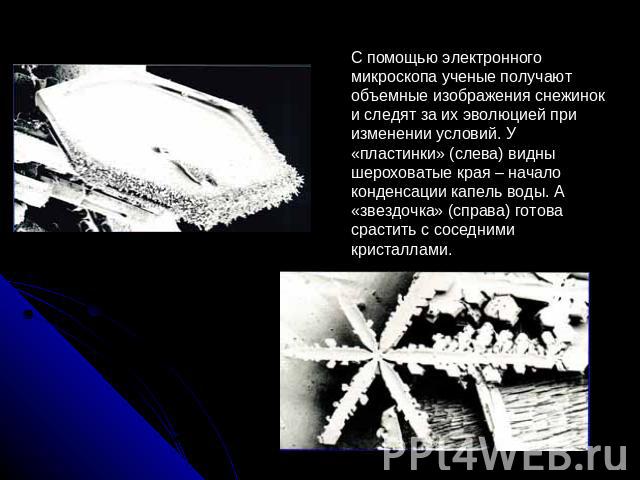 С помощью электронного микроскопа ученые получают объемные изображения снежинок и следят за их эволюцией при изменении условий. У «пластинки» (слева) видны шероховатые края – начало конденсации капель воды. А «звездочка» (справа) готова срастить с с…