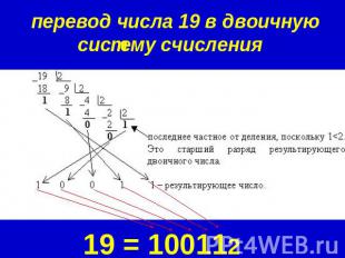 перевод числа 19 в двоичную систему счисления 19 = 100112