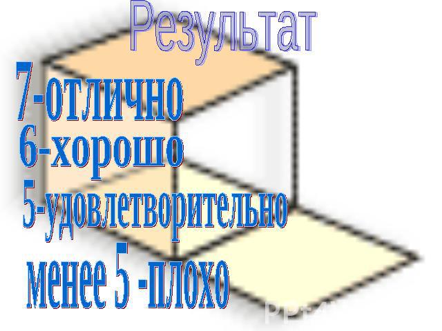 Результат 7-отлично 6-хорошо 5-удовлетворительно менее 5 -плохо