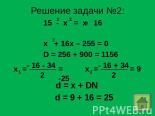 Решение задачи №2: 15 - x = x 16 x + 16x – 255 = 0 D = 256 + 900 = 1156 d = x +