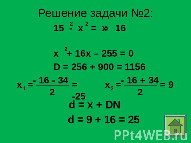 Решение задачи №2: 15 - x = x 16 x + 16x – 255 = 0 D = 256 + 900 = 1156 d = x + DN d = 9 + 16 = 25