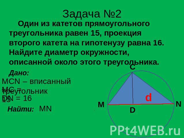 Задача №2 Один из катетов прямоугольного треугольника равен 15, проекция второго катета на гипотенузу равна 16. Найдите диаметр окружности, описанной около этого треугольника. Дано: MCN – вписанный треугольник DN = 16 Найти: MN