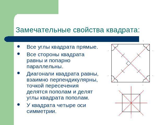Замечательные свойства квадрата: Все углы квадрата прямые.Все стороны квадрата равны и попарно параллельны.Диагонали квадрата равны, взаимно перпендикулярны, точкой пересечения делятся пополам и делят углы квадрата пополам.У квадрата четыре оси симметрии.