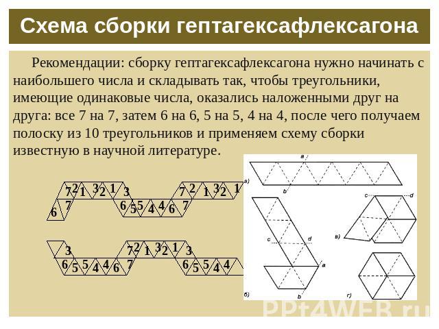 Схема сборки гептагексафлексагона Рекомендации: сборку гептагексафлексагона нужно начинать с наибольшего числа и складывать так, чтобы треугольники, имеющие одинаковые числа, оказались наложенными друг на друга: все 7 на 7, затем 6 на 6, 5 на 5, 4 н…