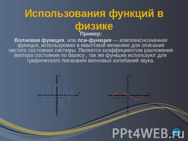 Пример:Волновая функция, или пси-функция — комплекснозначная функция, используемая в квантовой механике для описания чистого состояния системы. Является коэффициентом разложения вектора состояния по базису , так же функции используют для графическог…